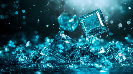 Poster - Crystal-clear ice cubes float amidst shimmering water droplets, creating a striking visual of coolness and elegance