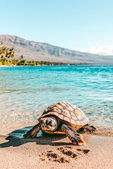 Poster - Sea turtle on sandy beach near turquoise ocean.