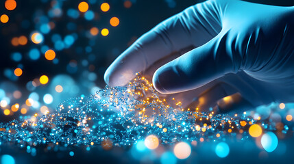 Fototapete - A gloved hand gently touches a luminous surface, surrounded by sparkling lights, creating a mystical and enchanting atmosphere