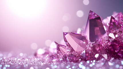 Poster - A close-up of sparkling pink crystals glistening in soft light, creating a dreamy and magical atmosphere