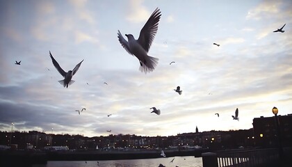 Poster - Seagulls in flight over city at sunset.