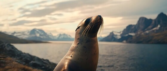 Poster - Seal gazing at a scenic mountain landscape.