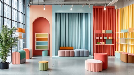 Aufkleber - Colorful modern interior design with pastel walls, arched niches, shelving units, and colorful seating.