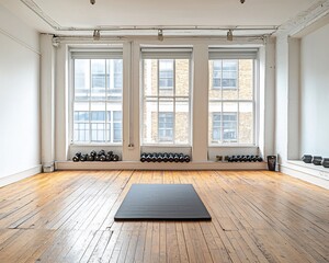 Aufkleber - Bright studio with hardwood floors, large windows, and weights.