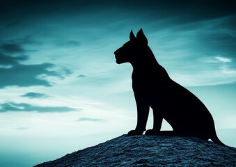 Poster - Silhouette of a dog sitting on a hill against a dramatic twilight sky.