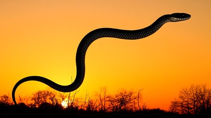 Poster - Silhouette of a snake at sunset over African savanna.