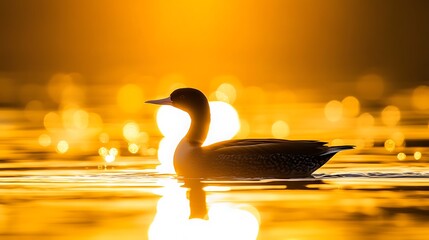 Wall Mural - Silhouetted bird swimming at sunset, golden light reflecting on water.