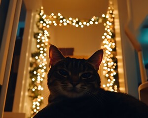 Poster - Silhouette of tabby cat with Christmas lights bokeh.