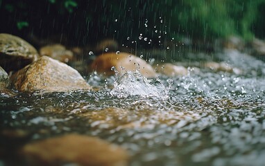 Aufkleber - Rain falling on rocks in a stream.