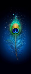 Poster - Single iridescent peacock feather on dark blue background with glitter.