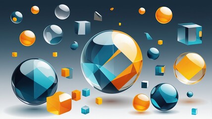 3D abstract shapes, floating spheres and cubes with glass-like transparency.