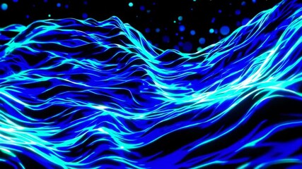 Poster - Abstract neon blue waveforms and particles on black background, futuristic and vibrant digital art concept