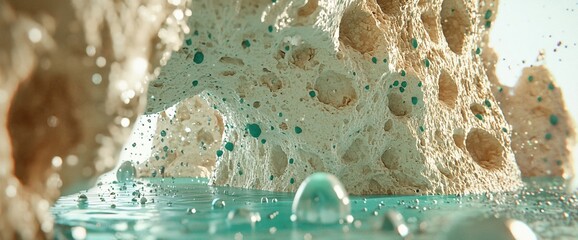 Poster - Abstract porous rock formation partially submerged in teal water, with bubbles.