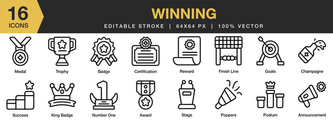 Wall Mural - Winning icon set. Editable Stroke Icon Collection. Includes win, winner, victory, success, prize, achievement, award, and More. Outline icons vector collection.