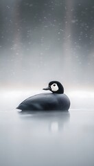 Poster - Solitary duck on calm water during snowfall.