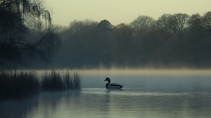 Wall Mural - Solitary duck on misty lake at dawn.