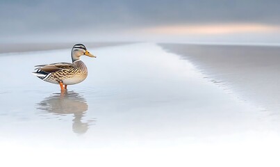 Wall Mural - Solitary duck wading in shallow, misty water at dawn.