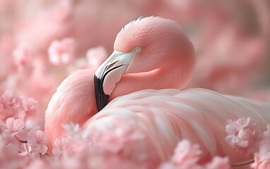 Pink flamingo resting amidst pink blossoms.