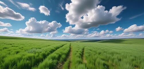 Wall Mural - Rolling hills of emerald green wheat fields with a bright blue sky and puffy white clouds, countryside, wheat, nature