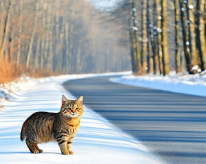 Poster - Tabby cat standing on snowy road in winter forest.