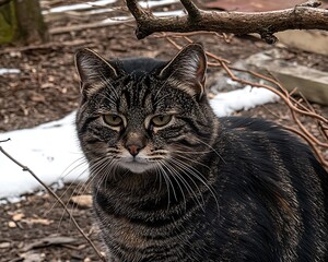 Wall Mural - Tabby cat sitting outdoors in winter.