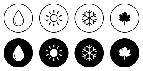 Wall Mural - Collection of four seasons icon. Sun, water, autumn winter, and snowflake icons set. Set of icons of season silhouette and outline style. Vector illustration. Flat design.