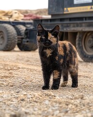 Poster - Tortoiseshell cat standing on gravel near construction equipment.