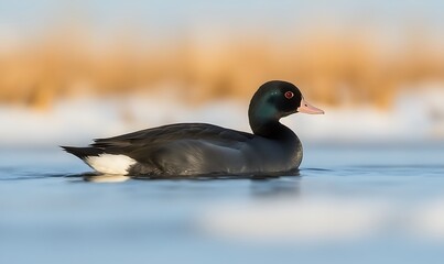 Wall Mural - Tufted duck swimming on calm, icy water with blurred background.