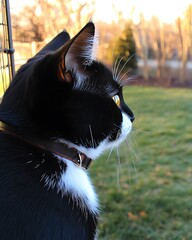 Poster - Tuxedo cat gazing at sunset garden.