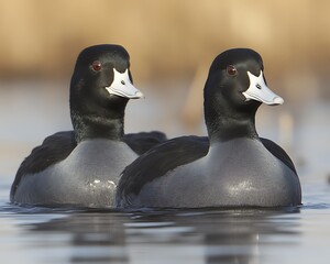 Wall Mural - Two American coots swimming in calm water, displaying their distinctive black and white plumage.