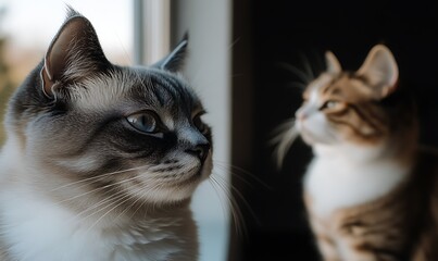 Poster - Two cats sitting by a window, one in focus, the other blurred.