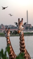 Wall Mural - Two giraffes eating leaves by a river with city in background.