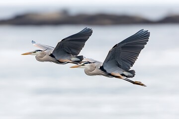 Wall Mural - Two great blue herons in flight over water.