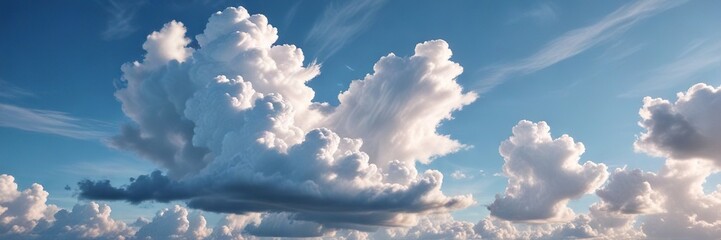 Wall Mural - serene blue sky with fluffy white clouds soft focus and empty horizontal space, serenity, calmness, vastness