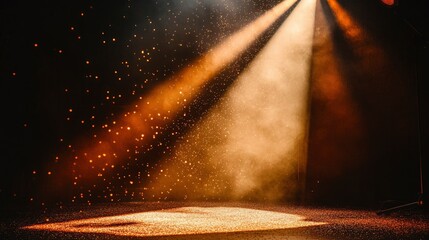 Canvas Print - Twinkling gold glitter falling on the stage illuminated with one spot light.