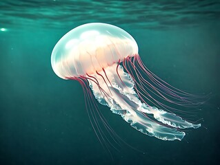 Wall Mural - Underwater close-up of a jellyfish with translucent bell and long, thin tentacles.