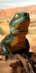 Wall Mural - Vibrant green and gold lizard on rock, desert background.