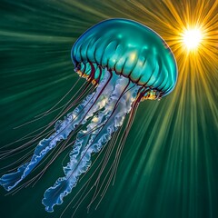 Wall Mural - Vibrant jellyfish underwater, sun rays.