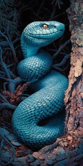 Wall Mural - Vibrant blue snake coiled in forest.