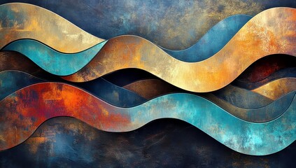 Poster - Colorful Abstract Waves Design Featuring Curved Shapes in Shades of Blue, Orange, and Gold Against a Textured Background