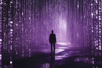 Fototapete - Binary code background, blue color, matrix, with lines creating a futuristic atmosphere, conveying a technological atmosphere