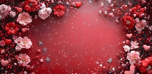 Canvas Print - Red and Pink Flowers Hearts and Stars Valentines Day Background