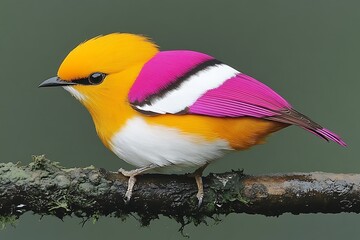 Wall Mural - Vibrant yellow, pink, and white bird perched on a branch.