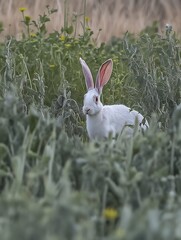 Wall Mural - White rabbit hiding in green plants.