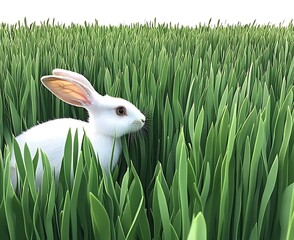 Canvas Print - White rabbit hiding in tall green grass. (2)