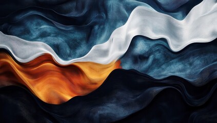 Poster - Abstract swirling fabric in vibrant colors showcasing waves of deep blue, orange, white, and dark tones forming a dynamic and textured artistic composition