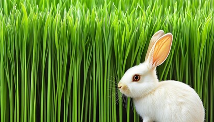 Canvas Print - White rabbit in lush green grass.