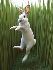 Poster - White rabbit mid-leap in tall green grass.