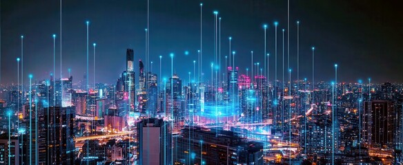 Fototapete - Vibrant Cityscape at Night with Futuristic Technology Elements and Bright Neon Lights Creating a Stunning Urban Visual Display