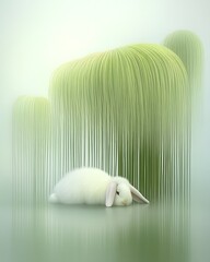 Poster - White rabbit resting under stylized green plants.